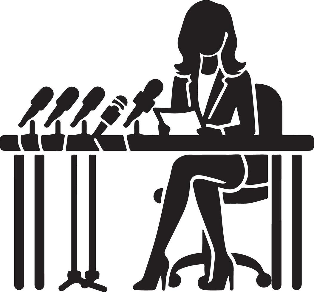 Silhouette of a woman at a press conference with multiple microphones and a table in black and white vector