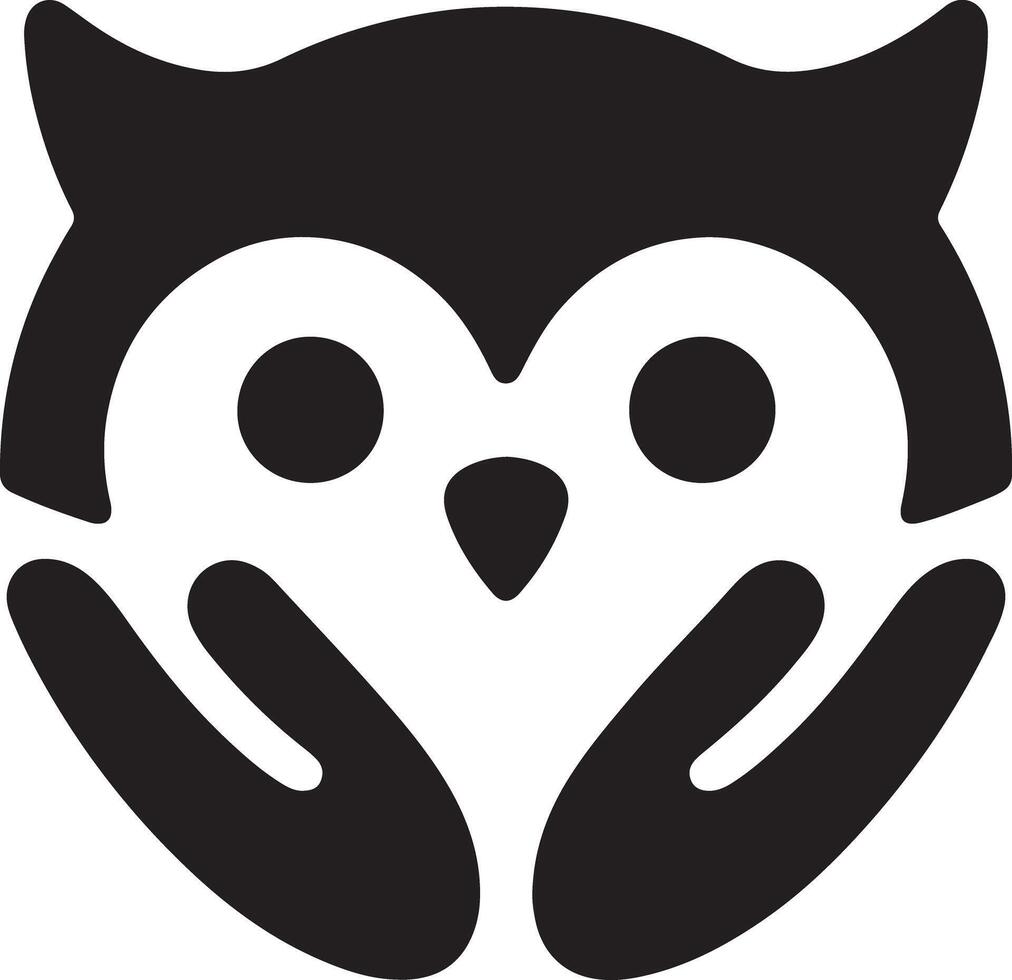 A stylized black and white owl with hands framing its face on a white background vector