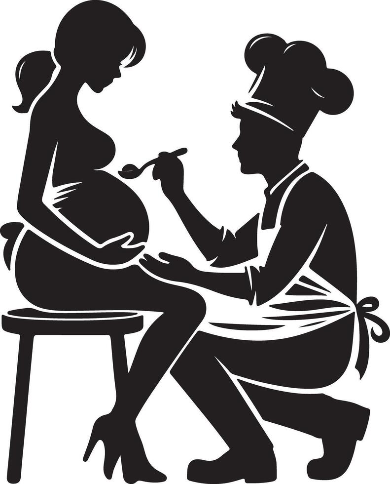 Silhouette of pregnant woman on stool being fed by chef with spoon in black and white vector