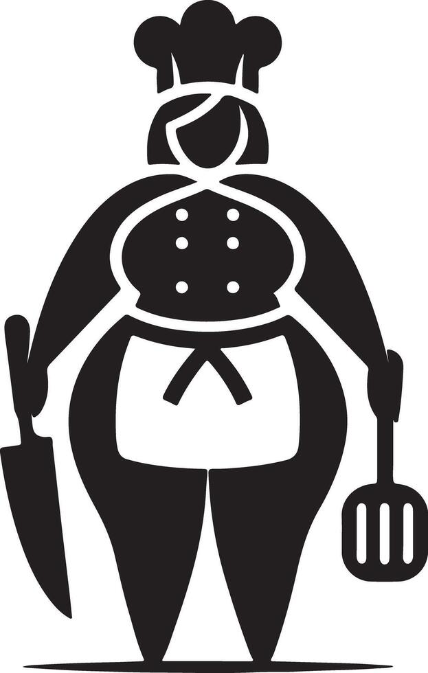 Black and white graphic of a chef holding a knife and spatula in each hand icon vector