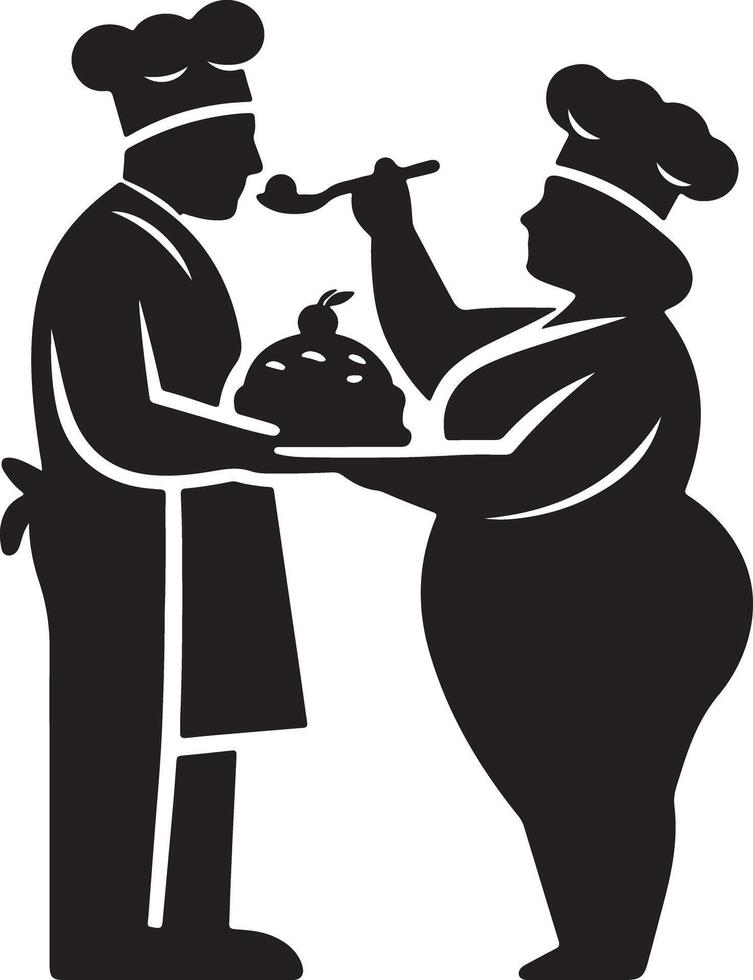 Silhouette of two chefs one feeding the other cake in a white background image vector