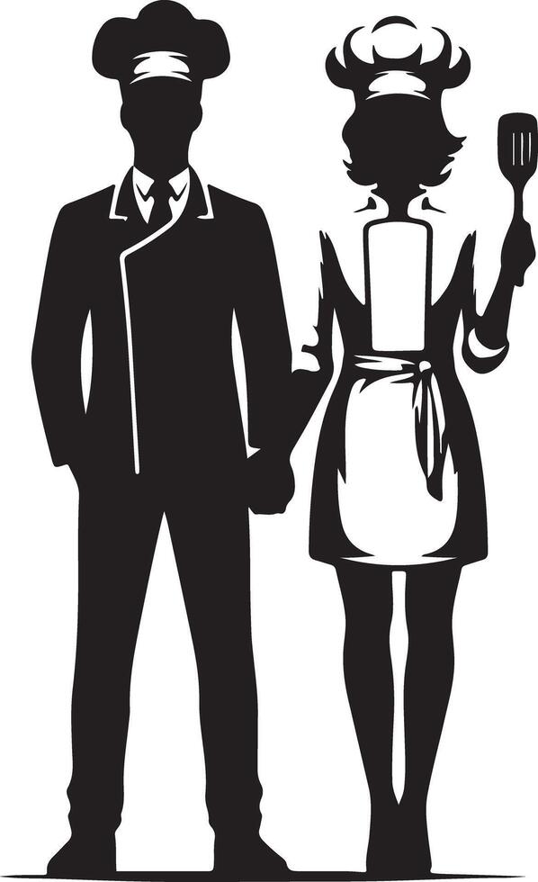 Silhouette of a male and female chef holding hands on a white background design vector
