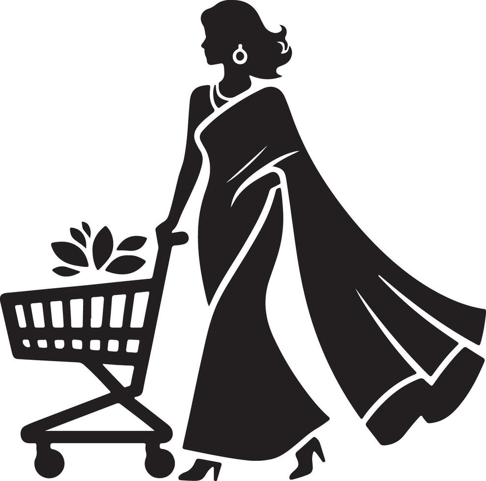 Silhouette of a woman in a saree pushing a shopping cart filled with foliage in black and white style vector