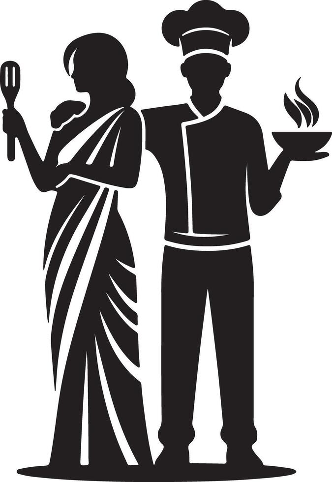 Silhouette of a chef and woman in sari holding bowl and spatula in black and white vector