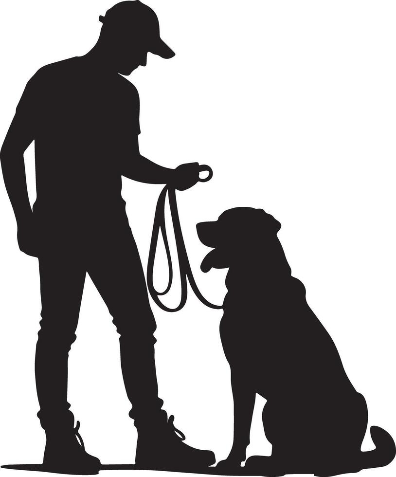 Silhouette of a man in a cap holding a dog leash with a sitting dog in black and white illustration vector
