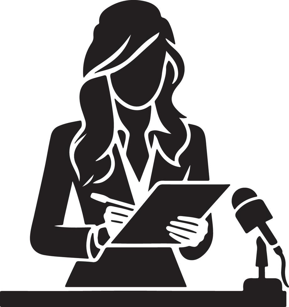 Silhouette of a woman in a suit writing on a clipboard next to a microphone on a table in black and white vector