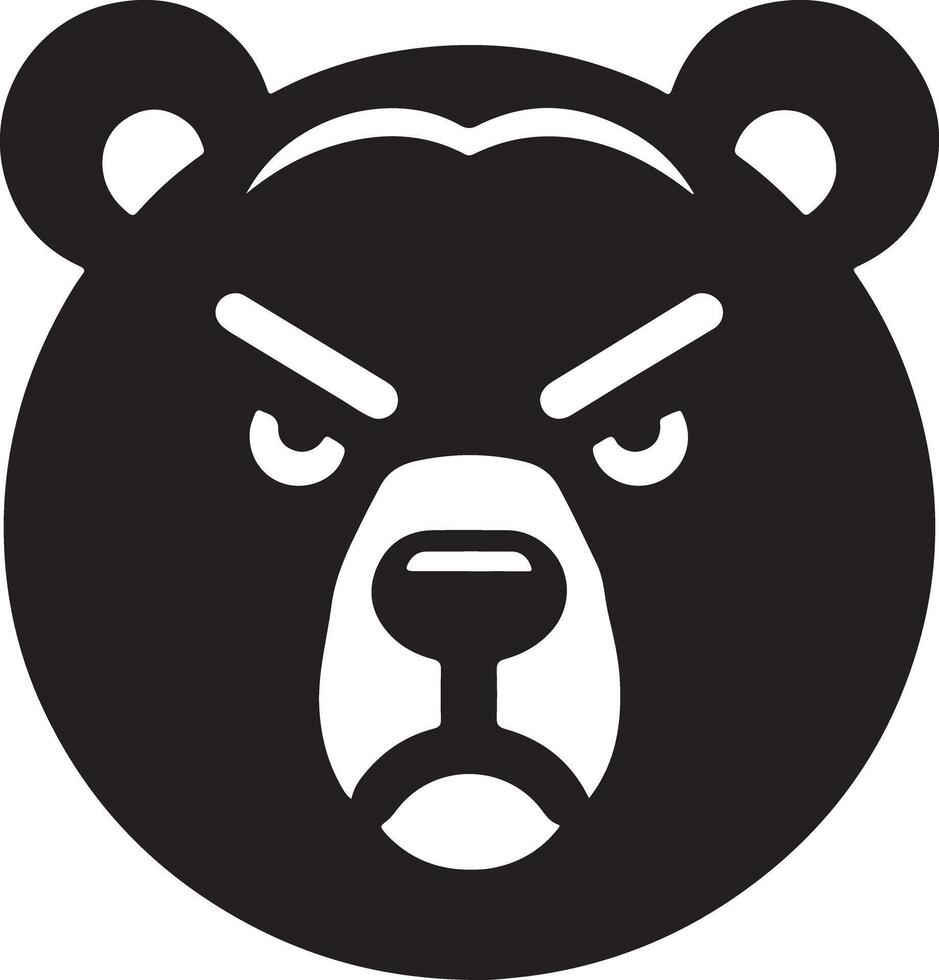 A black and white cartoon illustration of an angry bear face with a frown and glare vector