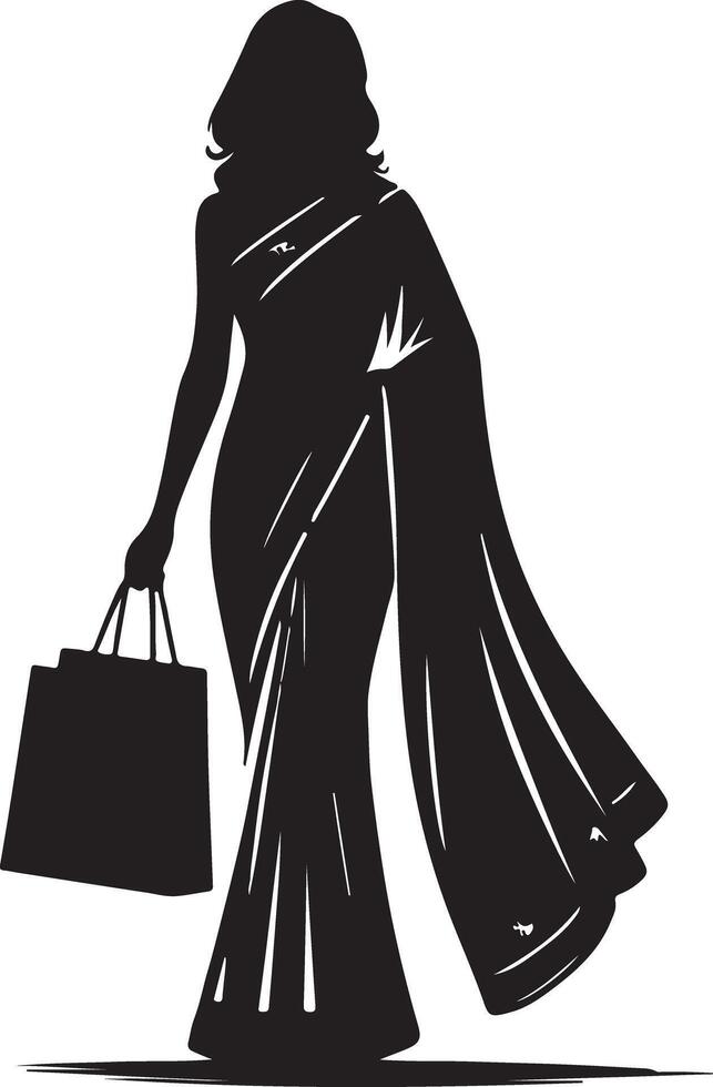 Silhouette of a woman in a sari holding a shopping bag in black and white illustration art vector
