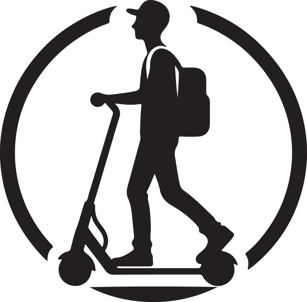 Silhouette of a person with a backpack riding an electric scooter inside a circular graphic design icon vector