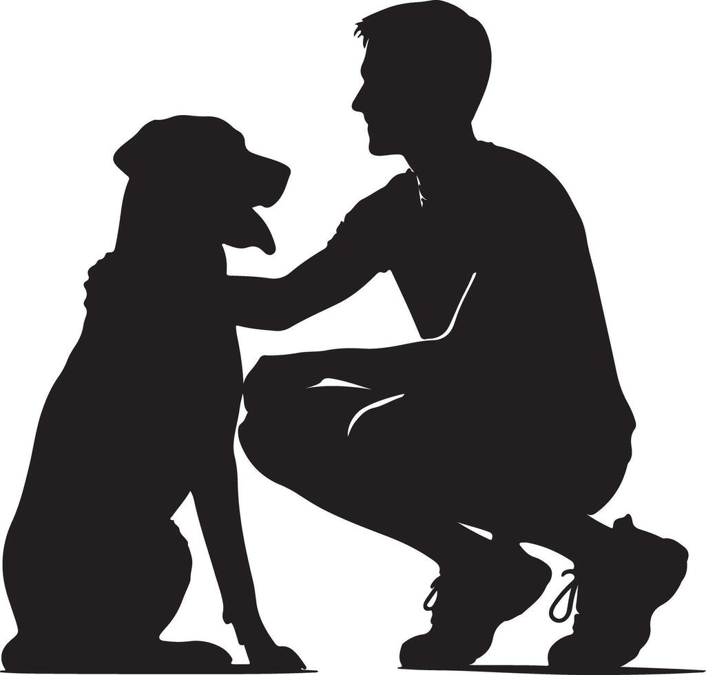 Silhouette of a person crouching and petting a dog that is sitting in a black and white image design vector