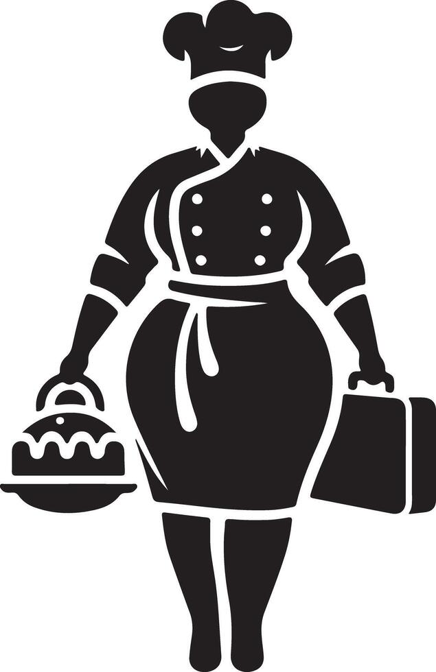 Illustration of a chef carrying a cake and a briefcase in black and white style vector