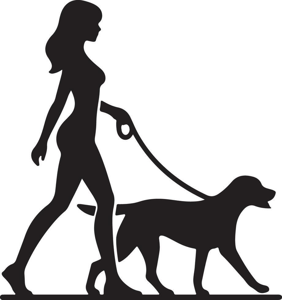Silhouette of a woman walking a dog on a leash in a simple black and white illustration style image vector