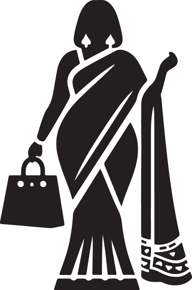 Silhouette of a woman in a saree holding a shopping bag in black and white illustration vector