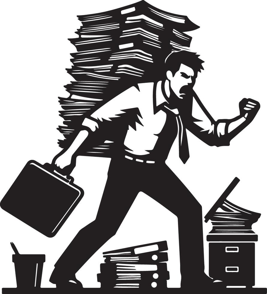 Illustration of an angry man carrying a large stack of papers with briefcase and office supplies nearby vector