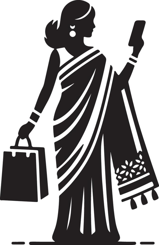 Silhouette of woman in saree holding shopping bag and phone in black and white illustration vector
