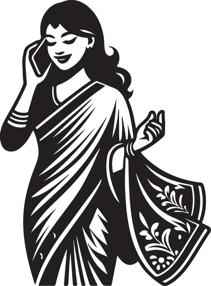 Illustration of a woman in a saree talking on a cell phone in black and white format design vector