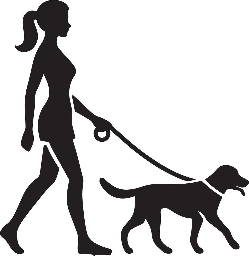 Silhouette of a woman walking a dog on a leash in black and white simple illustration art vector