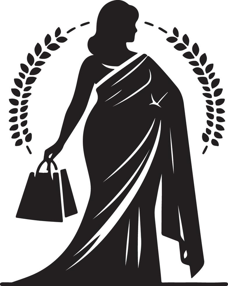 Silhouette of a woman in a saree holding shopping bags with a laurel wreath in the background vector