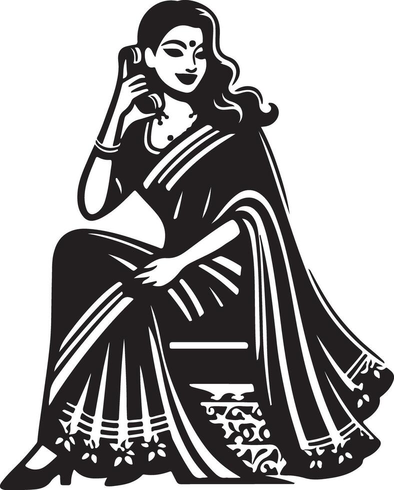 A woman in a saree sitting and talking on the phone in a black and white illustration style image vector