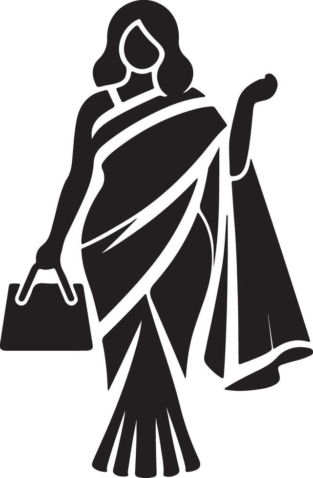 Silhouette of woman in saree holding a handbag in black and white graphic illustration style art vector