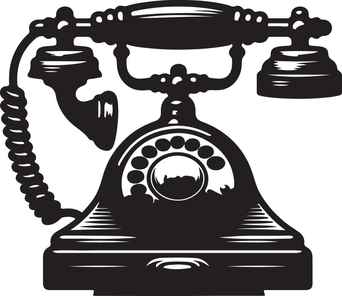 A vintage rotary telephone with a handset and a coiled cord in a black and white illustration vector