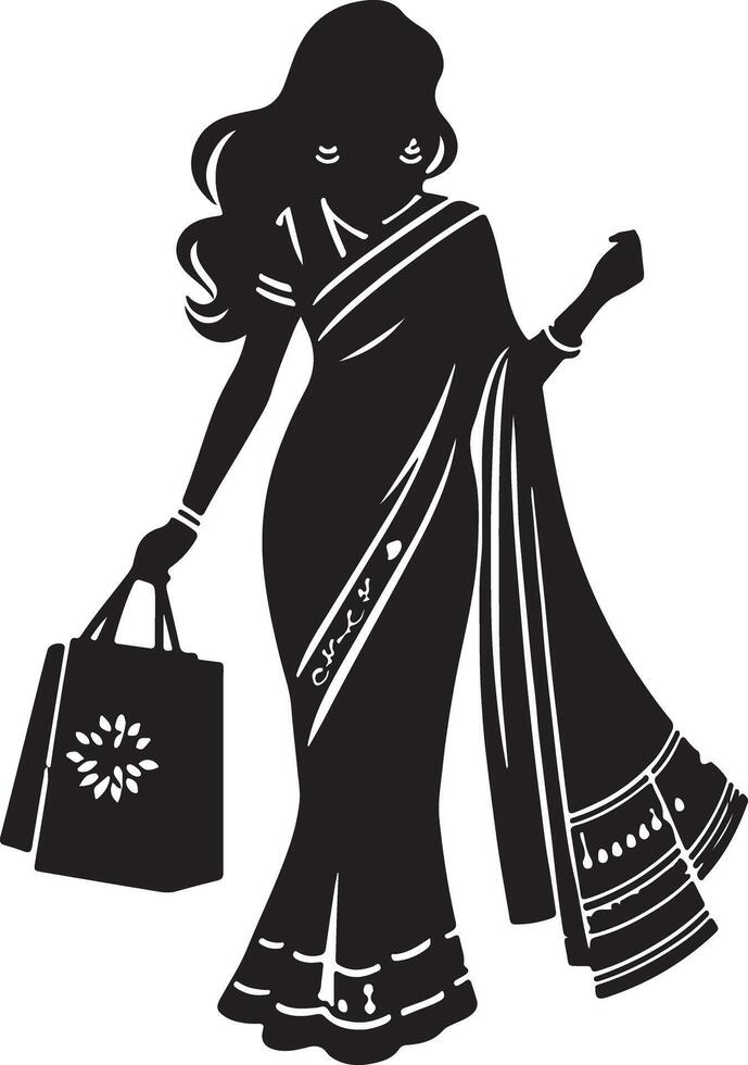 Silhouette of a woman in a saree holding a shopping bag with a flower design on a white background vector