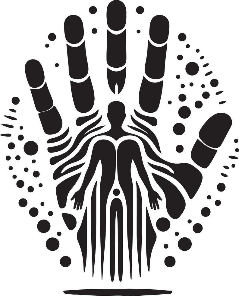 A black and white illustration depicting a human figure within a hand surrounded by dots design vector