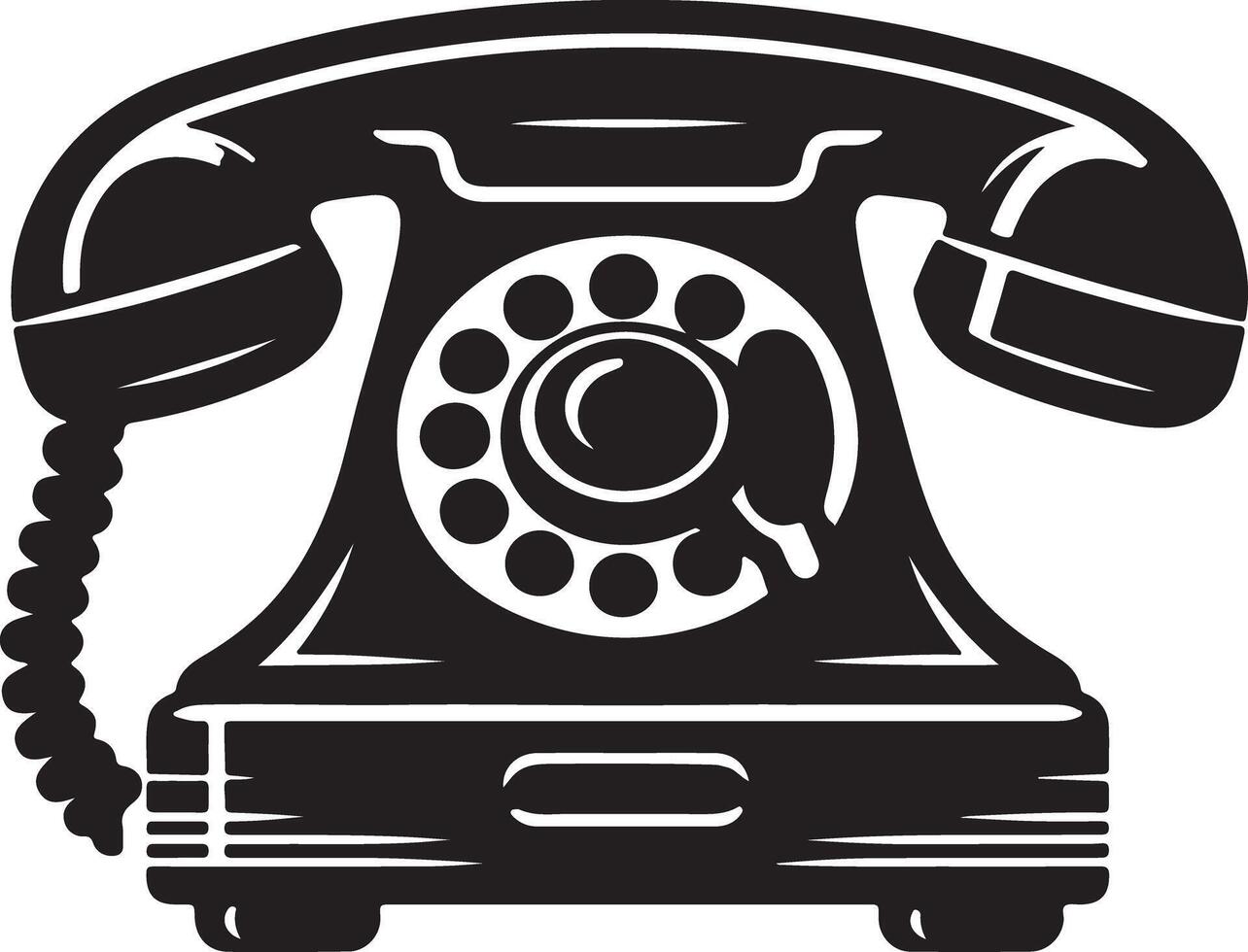 A black and white graphic illustration of a vintage rotary dial telephone with a coiled cord vector