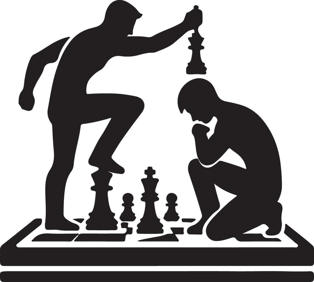 A black and white illustration of a chess game with one player dominating the other player on a board vector