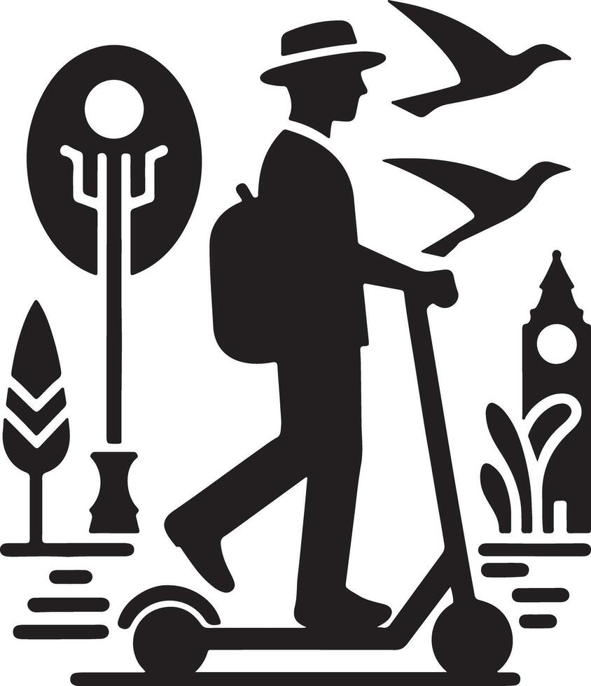 Man with hat and backpack riding a scooter in a park with birds and a clock tower in silhouette vector