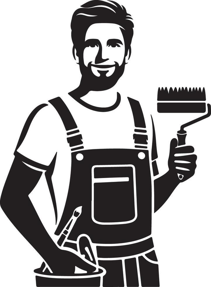 A smiling painter in overalls holding a paint roller and a paint bucket in black and white style vector