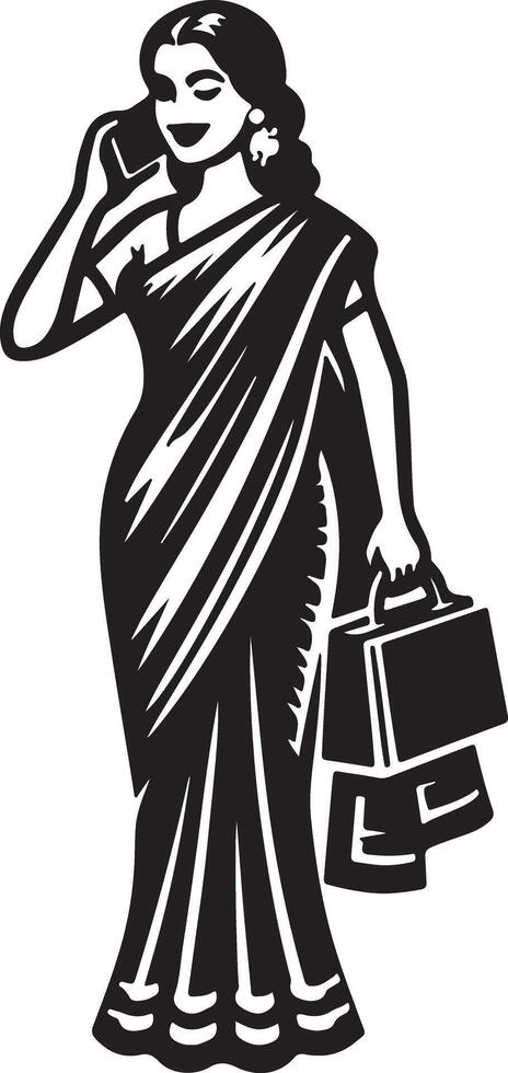 Illustration of a woman in a sari talking on a phone and holding shopping bags in black and white vector
