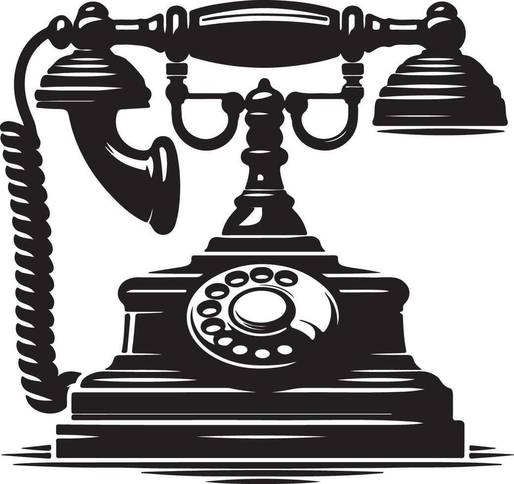 A black and white illustration of an antique rotary telephone with a coiled cord and ornate detailing vector
