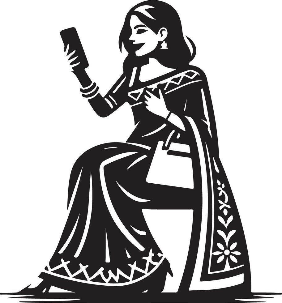 Woman in sari taking selfie with smartphone while sitting with purse in black and white illustration vector