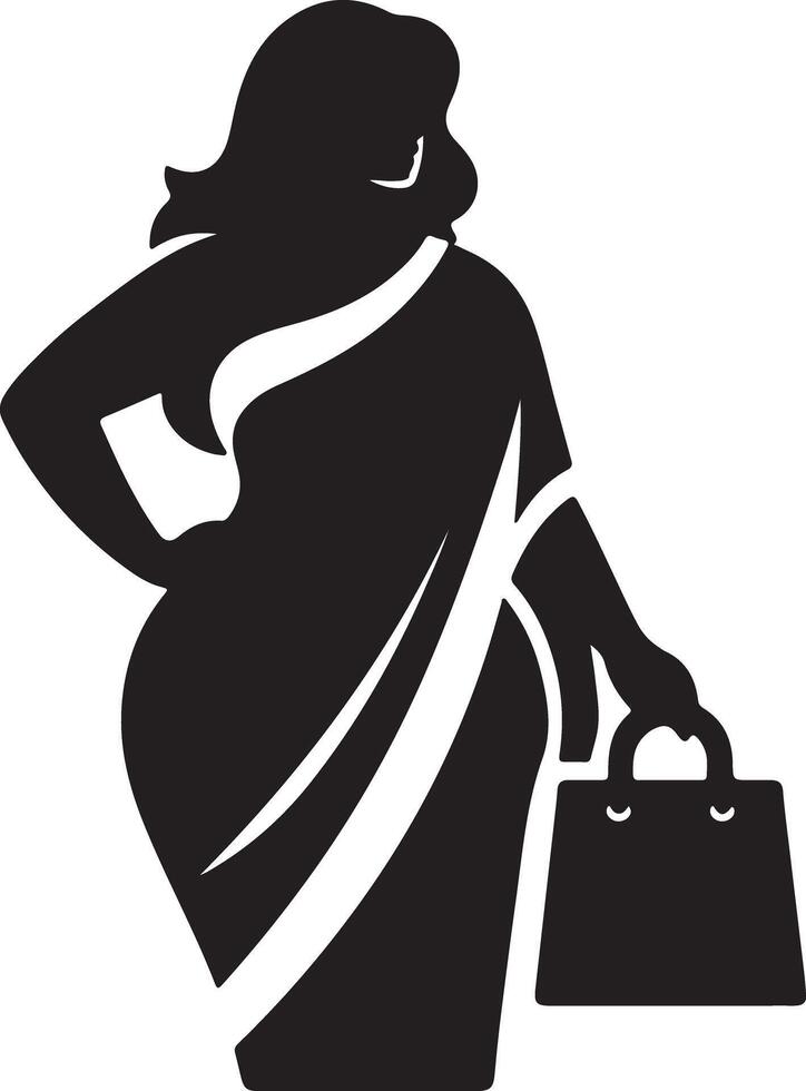 Silhouette of a woman in a saree holding a shopping bag with her hand on her hip in black and white vector
