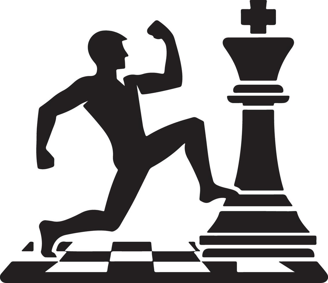 Silhouette of a man stepping on a chess board next to a chess king piece in black and white art vector