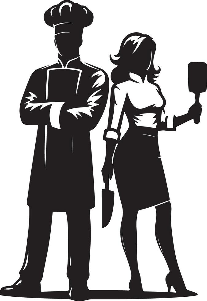 Silhouette illustration of chef and assistant with cooking utensils on white background vector