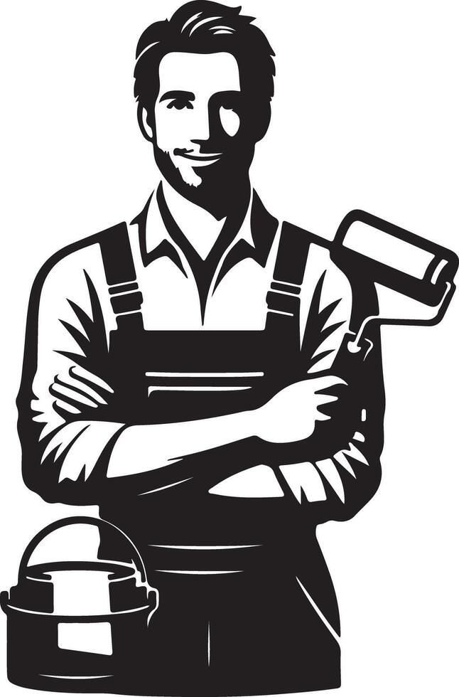 A painter with a roller and a paint bucket in black and white illustration style image vector