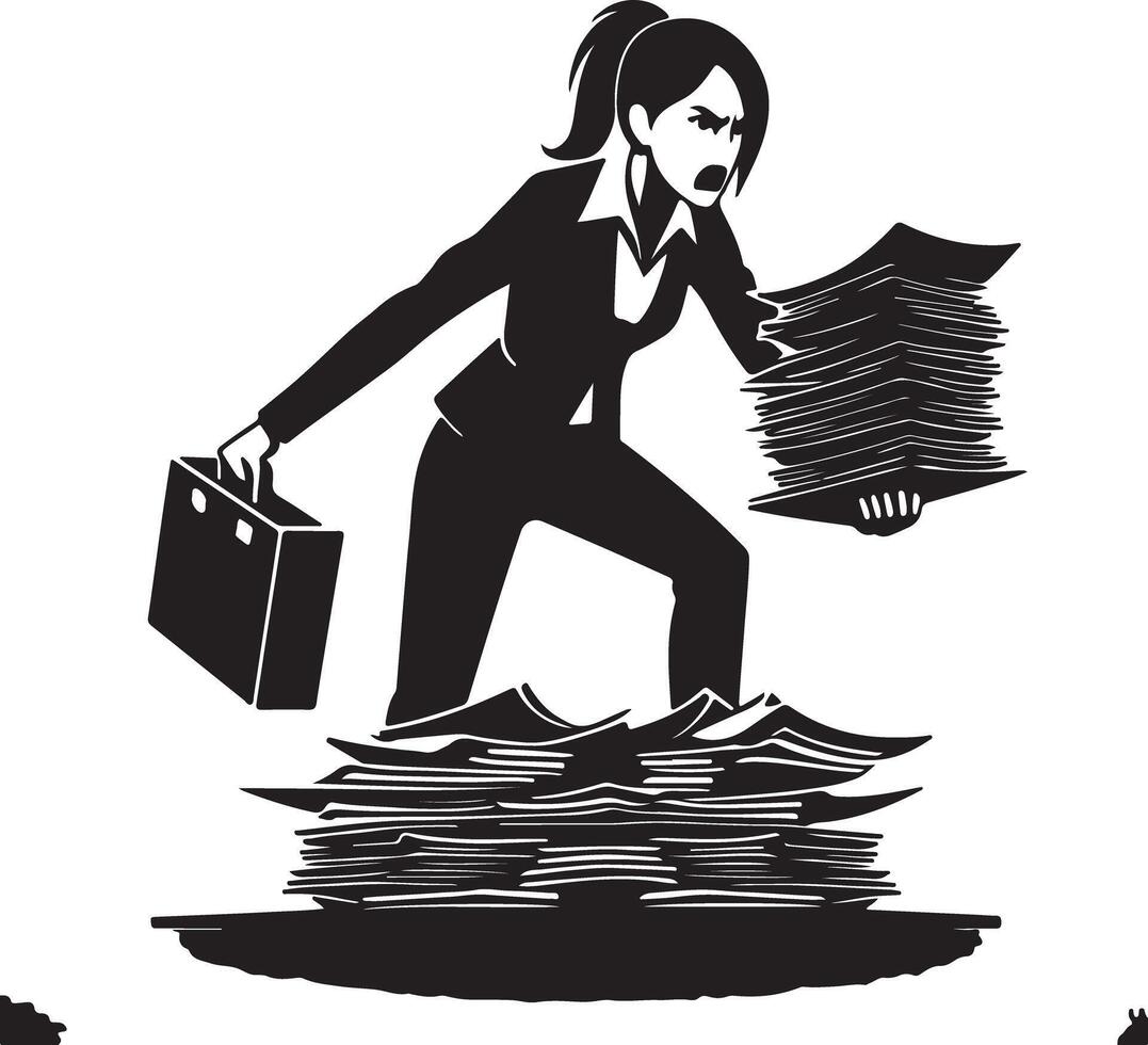 Illustrated businesswoman overwhelmed by paperwork carrying briefcase and stacks of documents in black and white vector