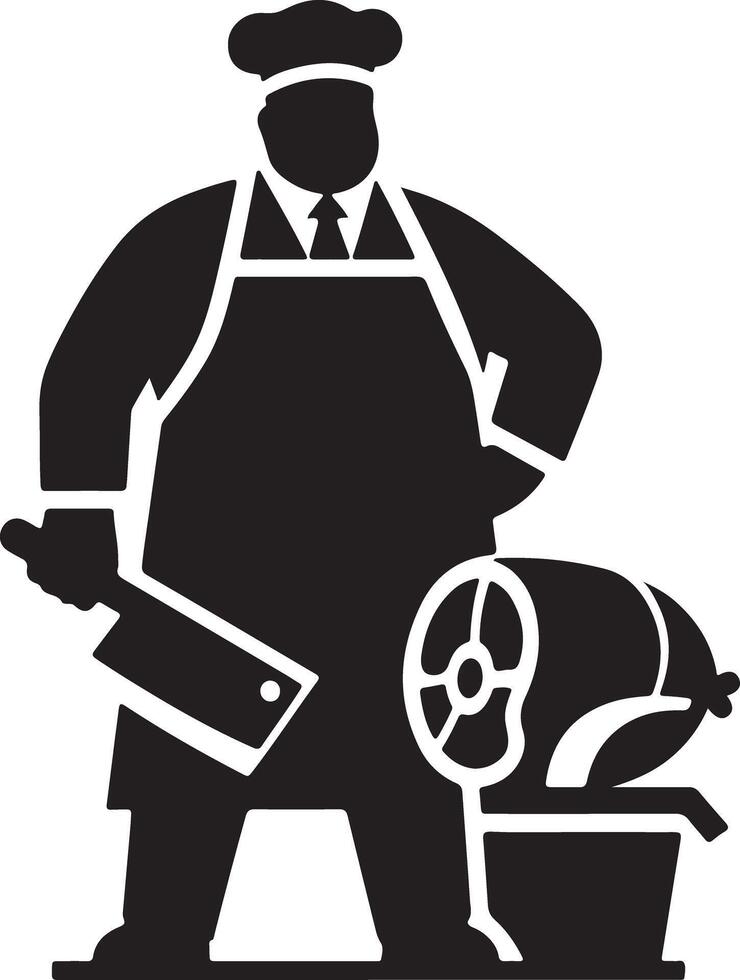 A butcher in uniform holding a cleaver stands next to meat processing equipment vector