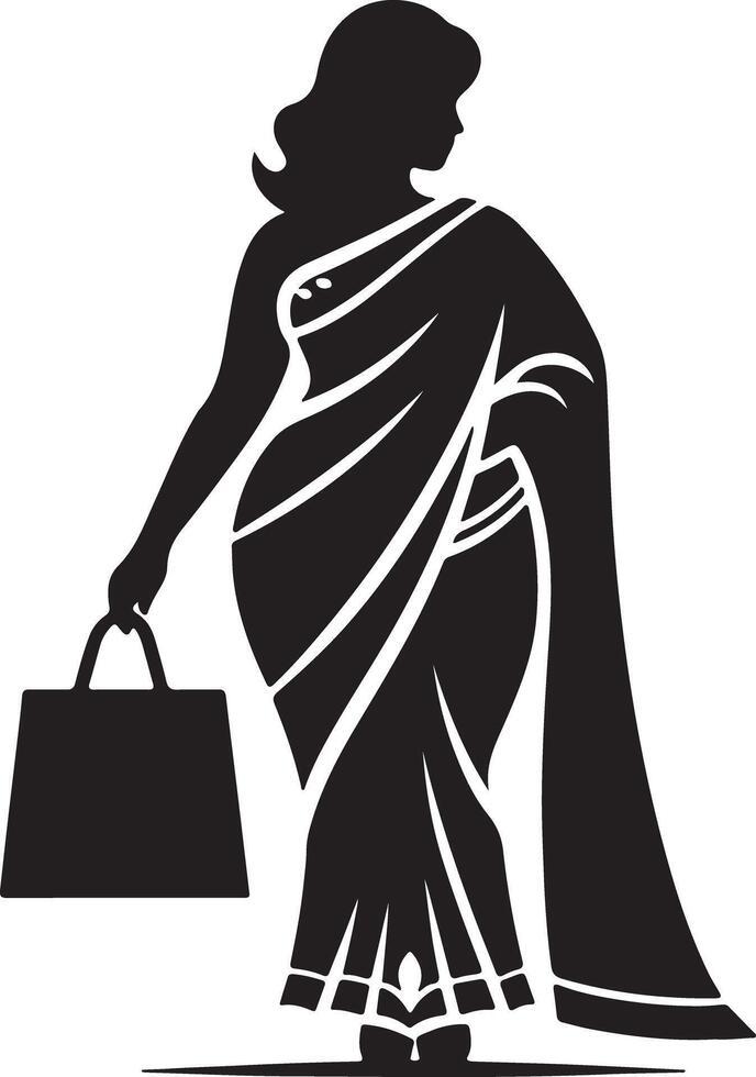 Silhouette of a woman in a saree holding a shopping bag with a white background illustration vector