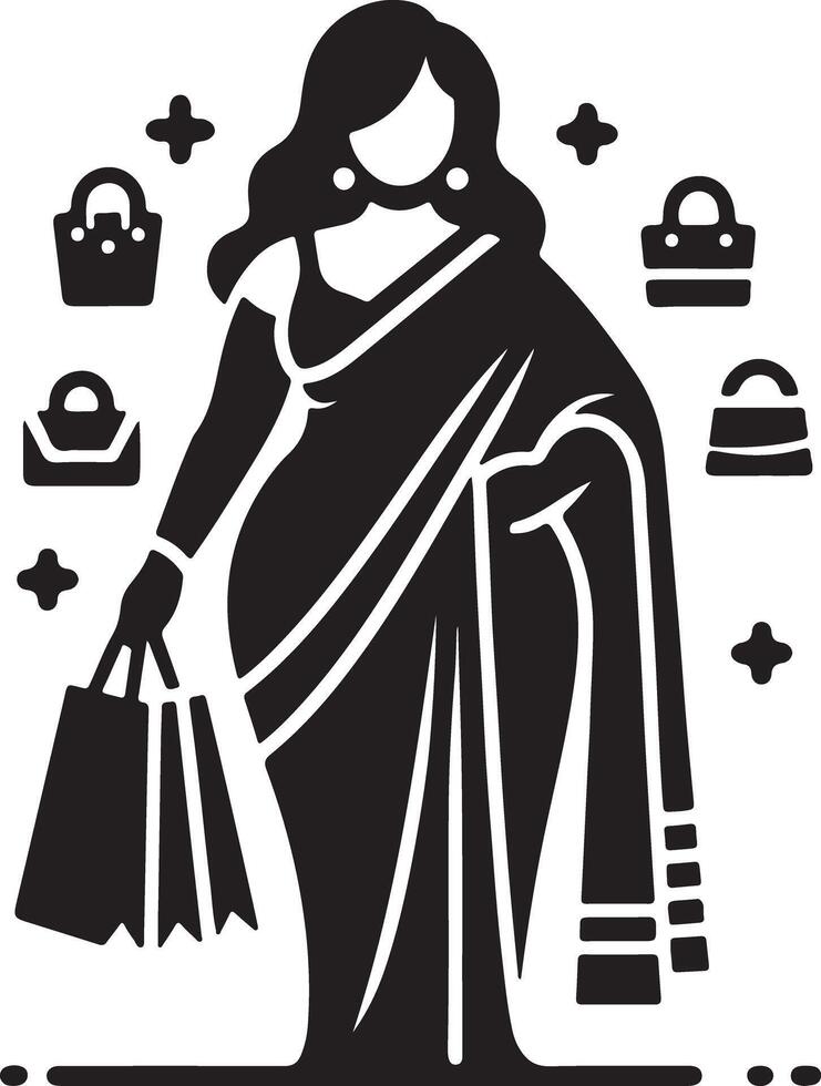 Woman in saree with shopping bags and purse icons in black and white illustration art vector