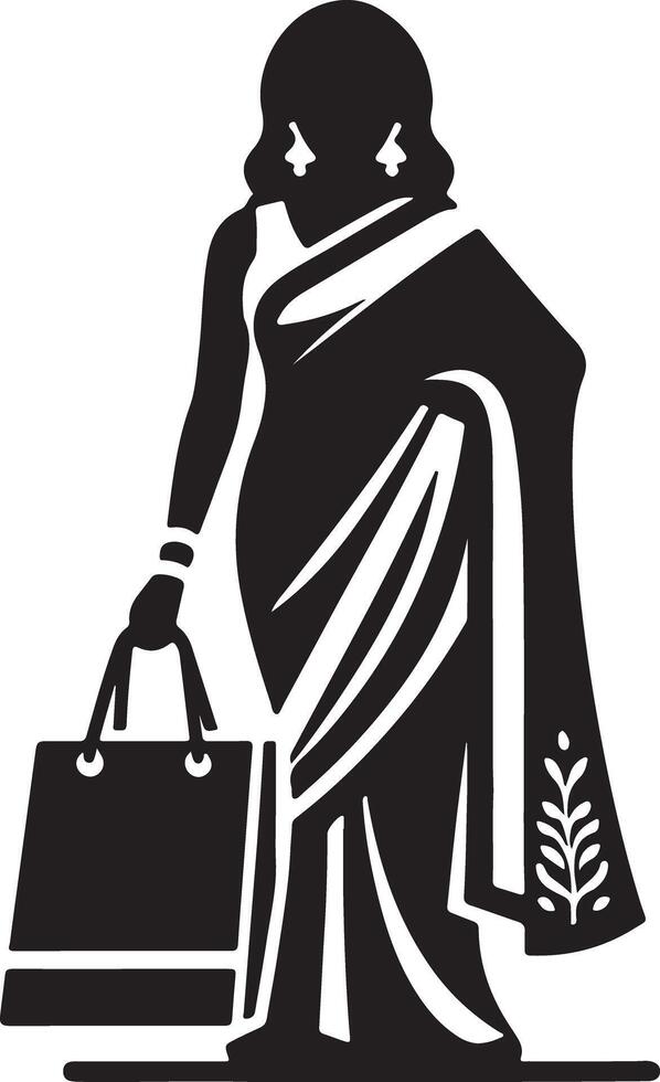 Silhouette of woman in sari holding shopping bag with leaf detail on the sari edge design vector