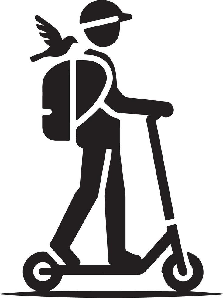 A person on a scooter with a backpack and a bird perched on top in a black and white illustration vector