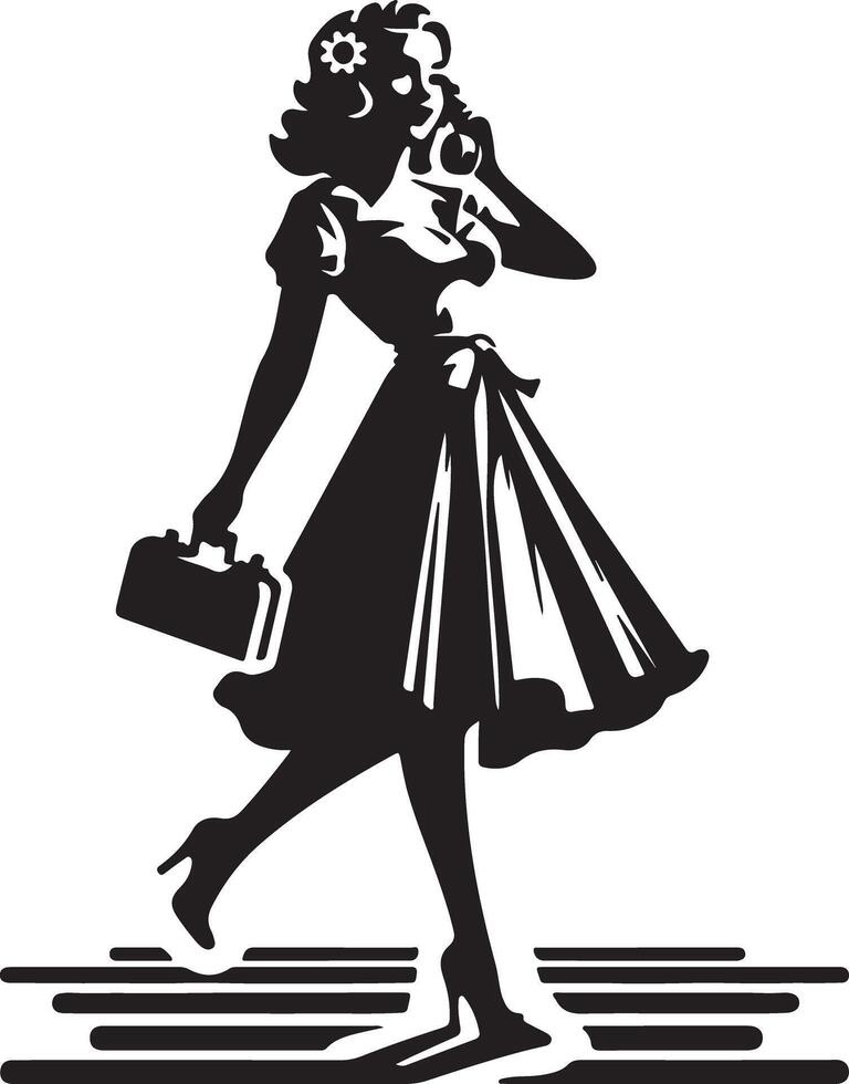 Silhouette of woman in dress talking on phone holding purse walking on striped floor design element vector