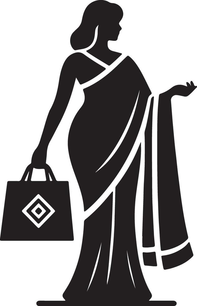 Silhouette of a woman in a saree holding a shopping bag with a diamond pattern design on it vector
