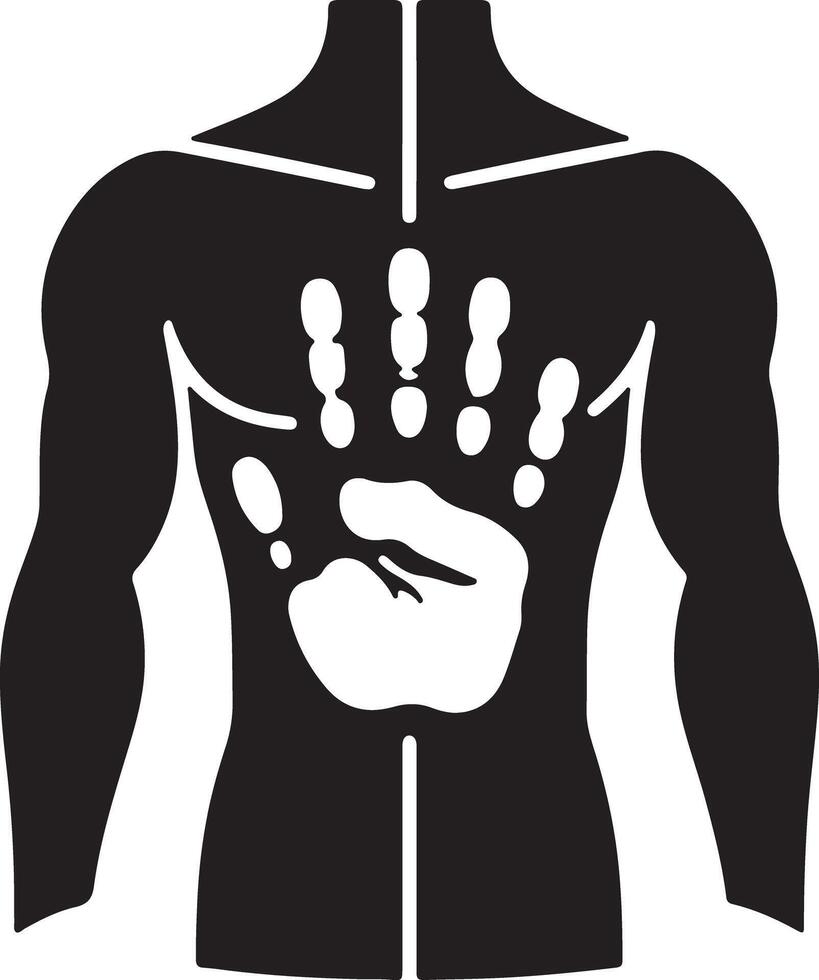 Black silhouette of a human torso with a white handprint on the back and white lines for detail vector