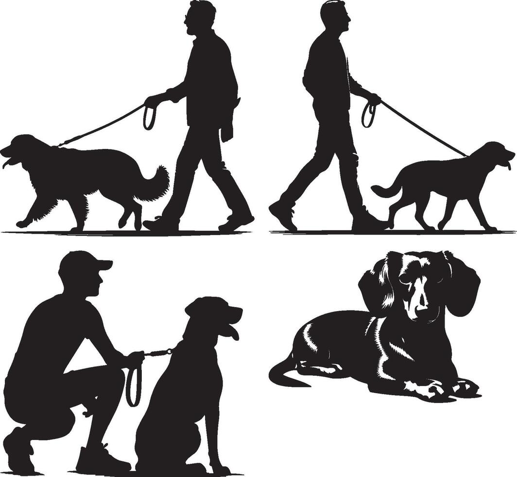 Silhouette illustrations of people walking dogs and a dachshund lying down on a white background vector