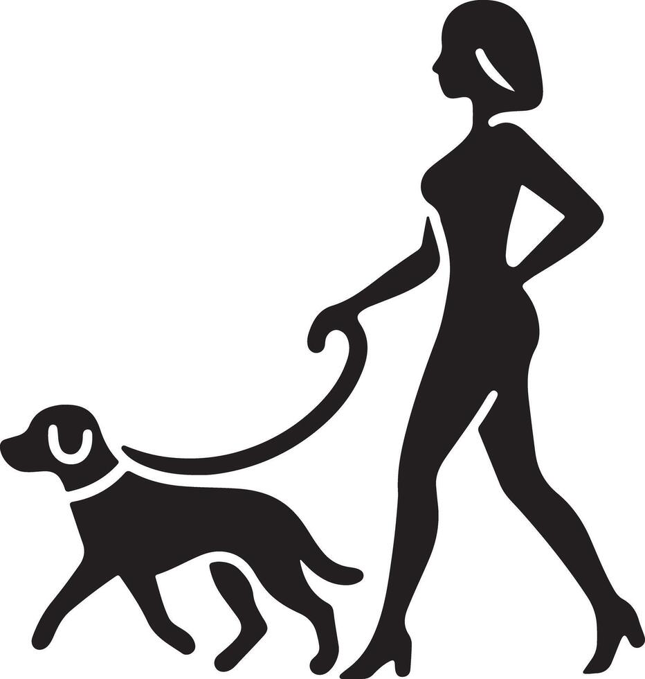 A black silhouette of a woman walking a dog on a leash in a simple and elegant illustration vector