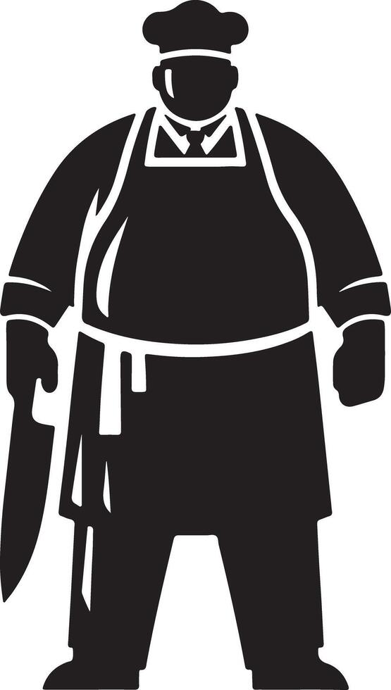 Illustration of a stout chef in black and white holding a knife in his left hand vector
